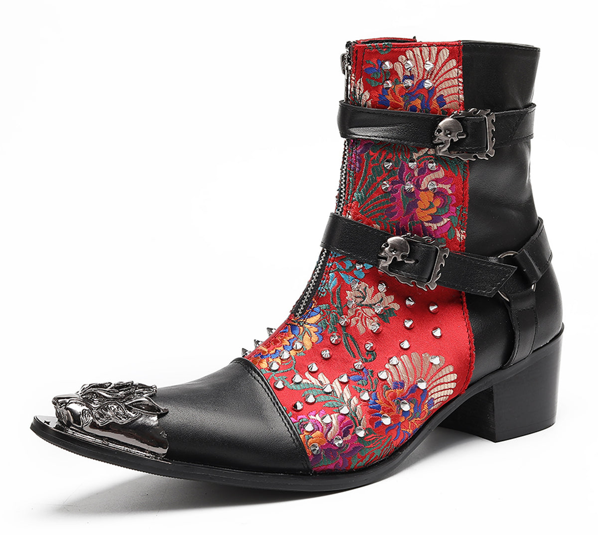 Mens Gothic Embroidered Leather Skull Buckles Studs Cowboy Western Boots