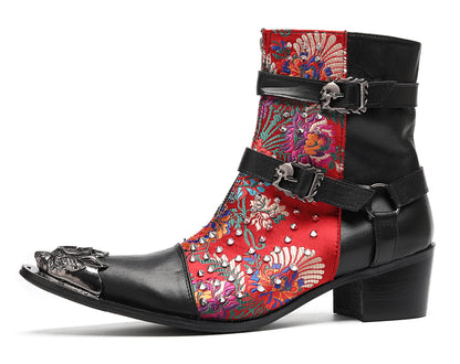 Mens Gothic Embroidered Leather Skull Buckles Studs Cowboy Western Boots