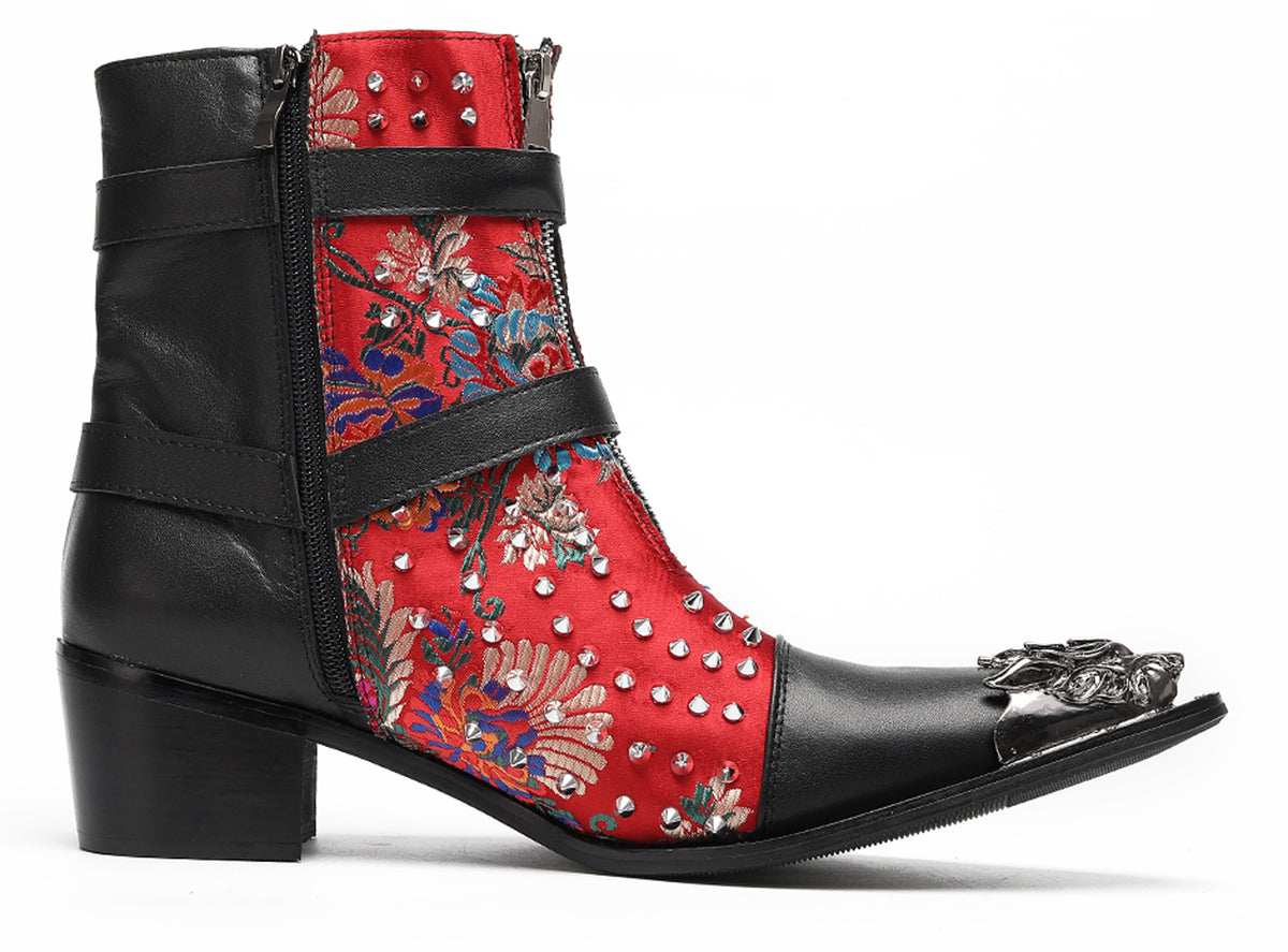 Mens Gothic Embroidered Leather Skull Buckles Studs Cowboy Western Boots