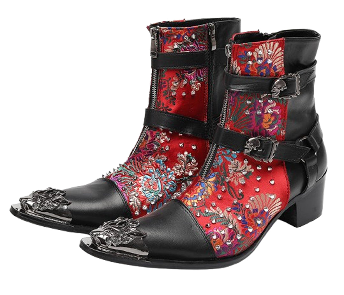 Mens Gothic Embroidered Leather Skull Buckles Studs Cowboy Western Boots