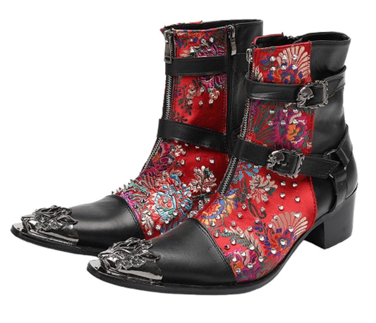 Mens Gothic Embroidered Leather Skull Buckles Studs Cowboy Western Boots