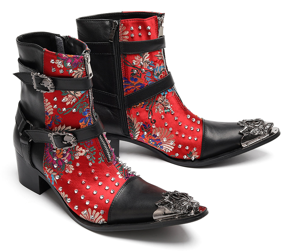 Mens Gothic Embroidered Leather Skull Buckles Studs Cowboy Western Boots