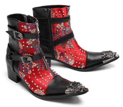 Mens Gothic Embroidered Leather Skull Buckles Studs Cowboy Western Boots