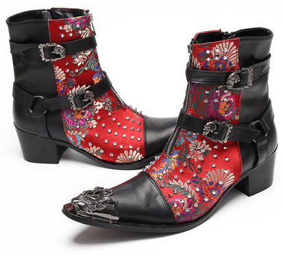 Mens Gothic Embroidered Leather Skull Buckles Studs Cowboy Western Boots