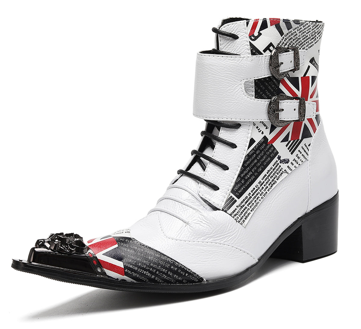 Mens British Punk Rock Union Jack & Buckle-Strap Cowboy Western Boots
