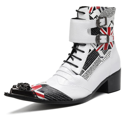 Mens British Punk Rock Union Jack & Buckle-Strap Cowboy Western Boots