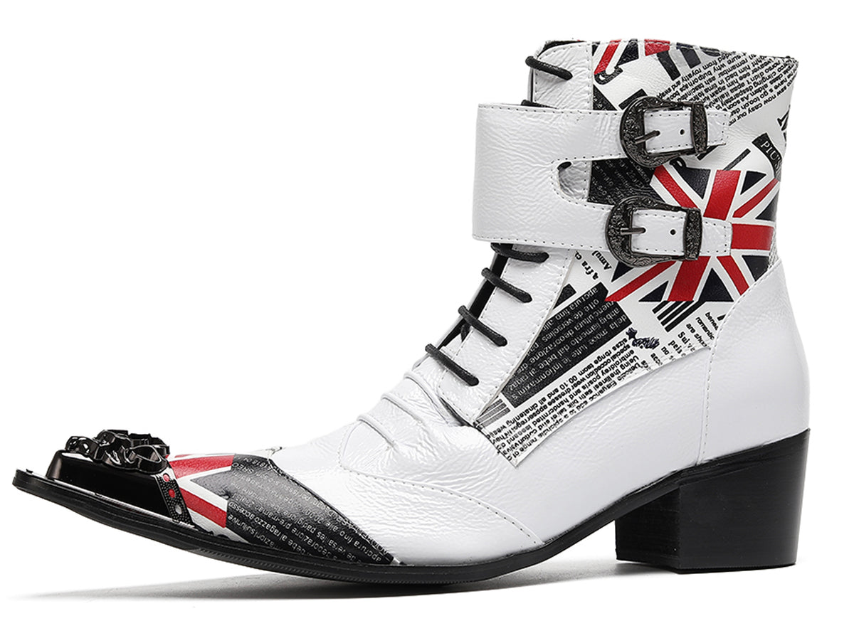 Mens British Punk Rock Union Jack & Buckle-Strap Cowboy Western Boots