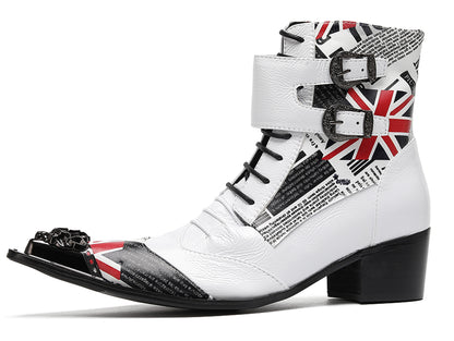 Mens British Punk Rock Union Jack & Buckle-Strap Cowboy Western Boots