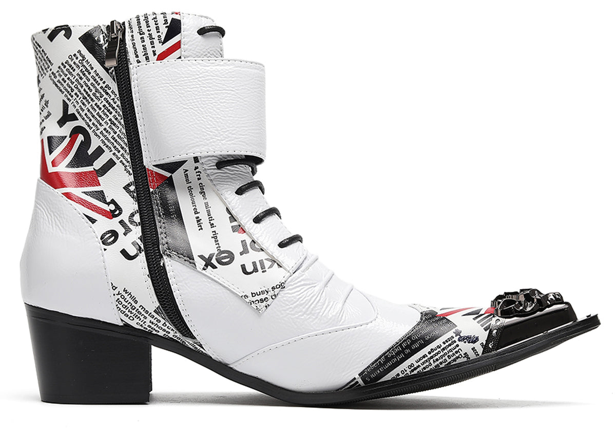 Mens British Punk Rock Union Jack & Buckle-Strap Cowboy Western Boots