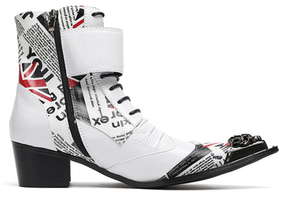 Mens British Punk Rock Union Jack & Buckle-Strap Cowboy Western Boots