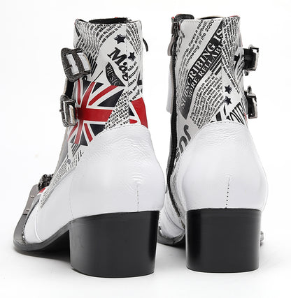 Mens British Punk Rock Union Jack & Buckle-Strap Cowboy Western Boots