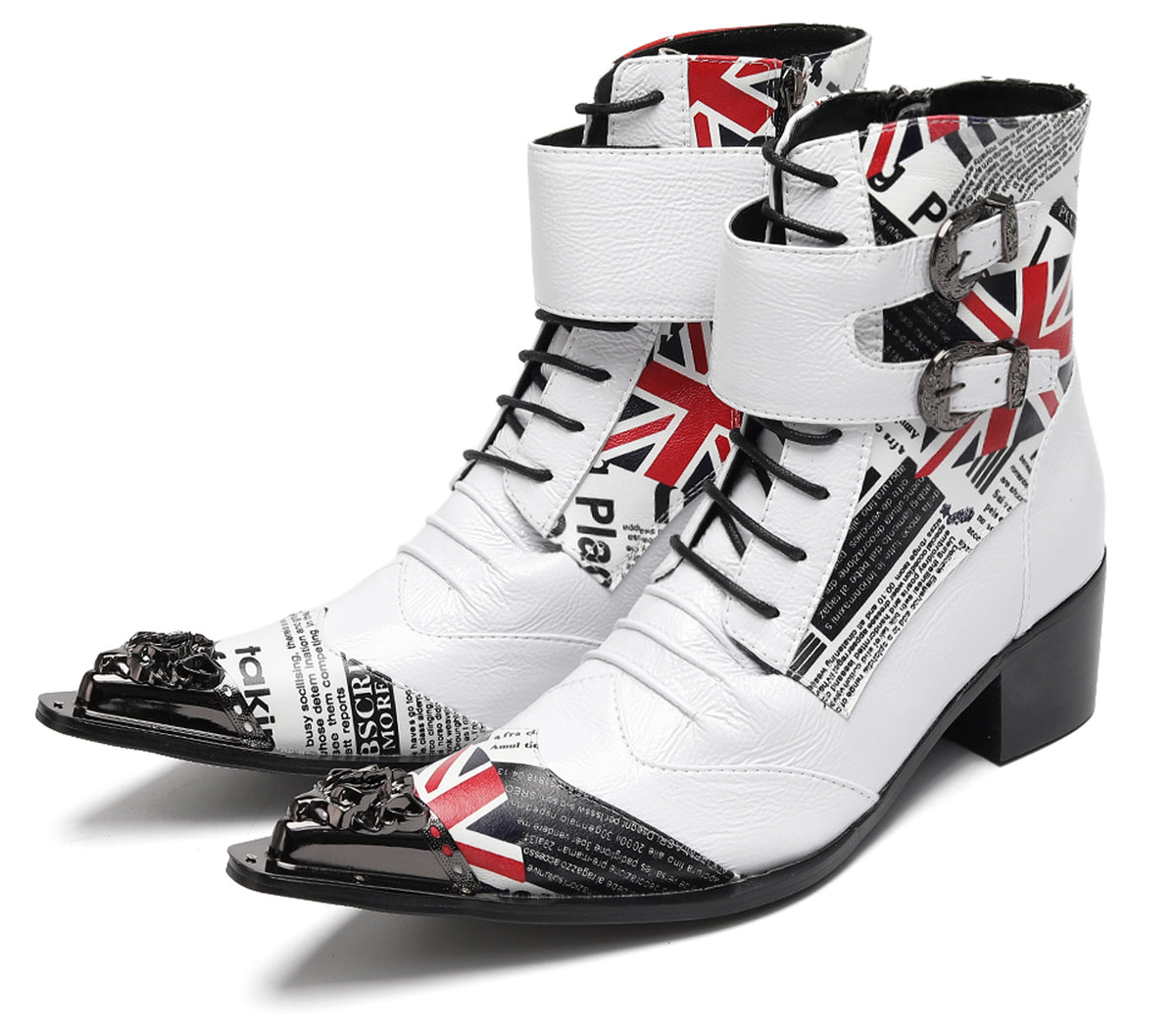 Mens British Punk Rock Union Jack & Buckle-Strap Cowboy Western Boots
