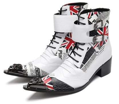 Mens British Punk Rock Union Jack & Buckle-Strap Cowboy Western Boots