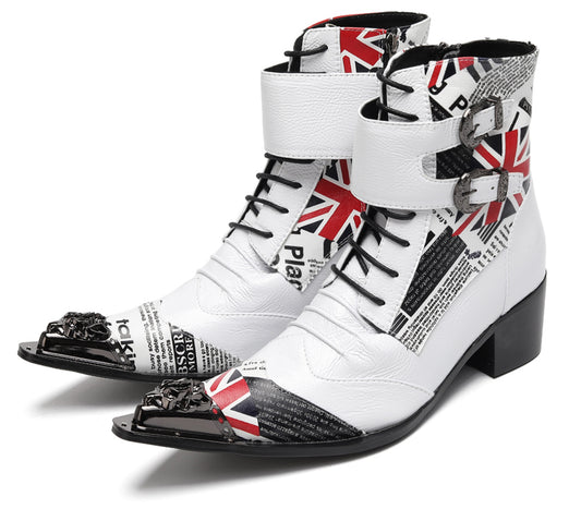 Mens British Punk Rock Union Jack & Buckle-Strap Cowboy Western Boots