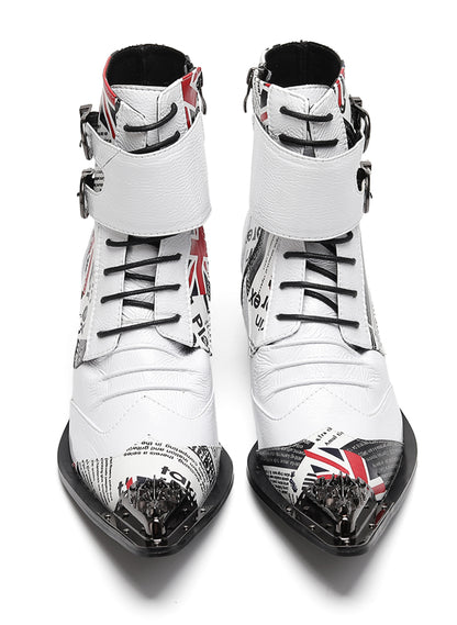 Mens British Punk Rock Union Jack & Buckle-Strap Cowboy Western Boots