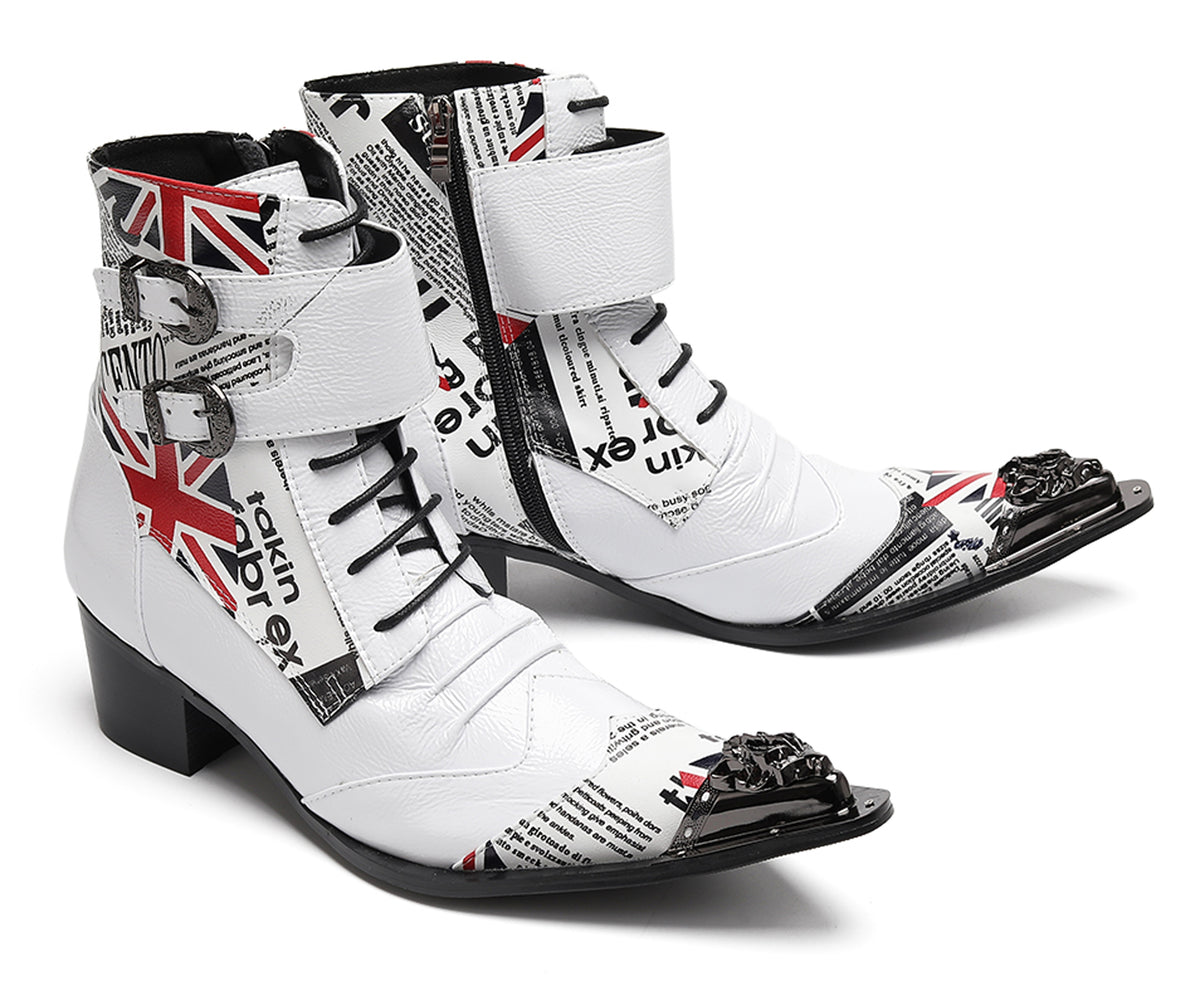 Mens British Punk Rock Union Jack & Buckle-Strap Cowboy Western Boots