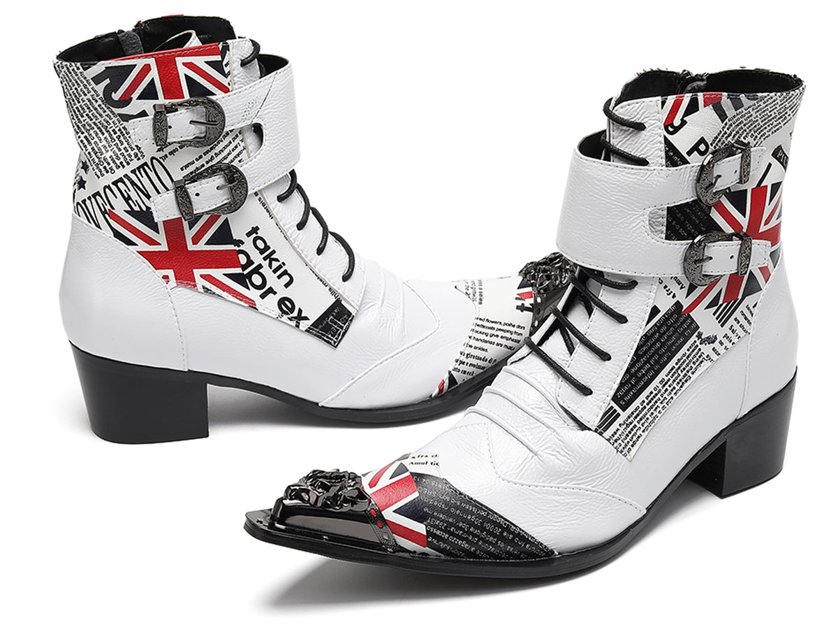 Mens British Punk Rock Union Jack & Buckle-Strap Cowboy Western Boots