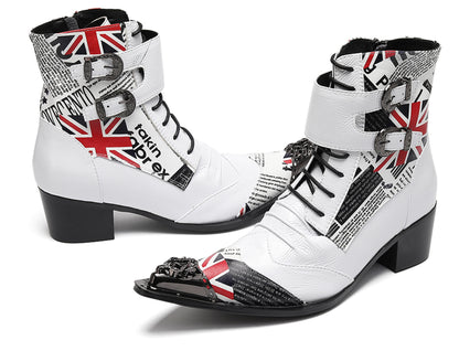 Mens British Punk Rock Union Jack & Buckle-Strap Cowboy Western Boots