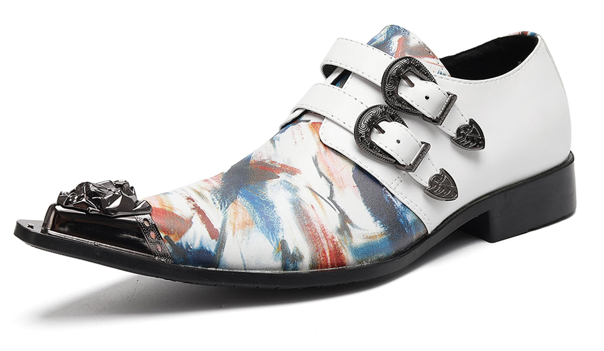 Mens Double Monk Strap Artistic Print Party Dress Western Loafers