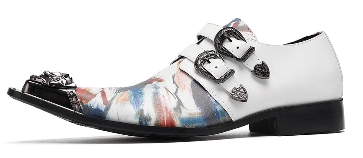 Mens Double Monk Strap Artistic Print Party Dress Western Loafers