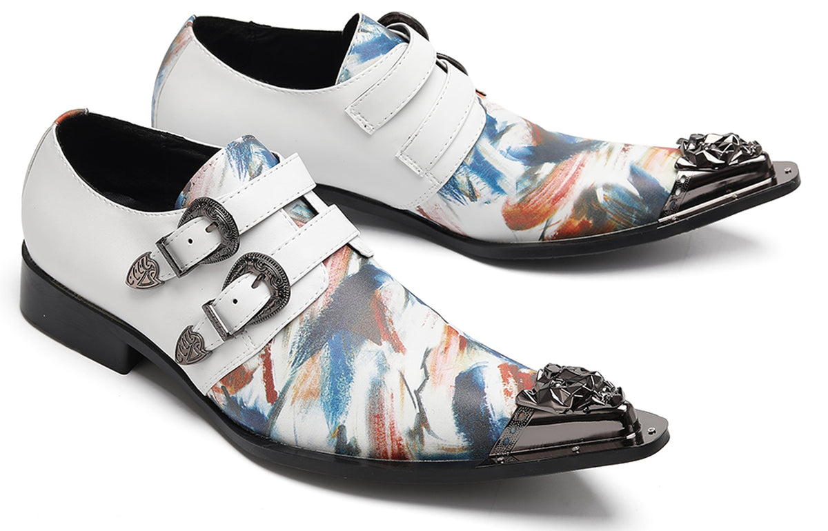 Mens Double Monk Strap Artistic Print Party Dress Western Loafers
