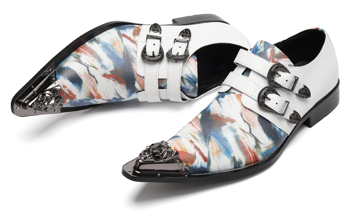 Mens Double Monk Strap Artistic Print Party Dress Western Loafers