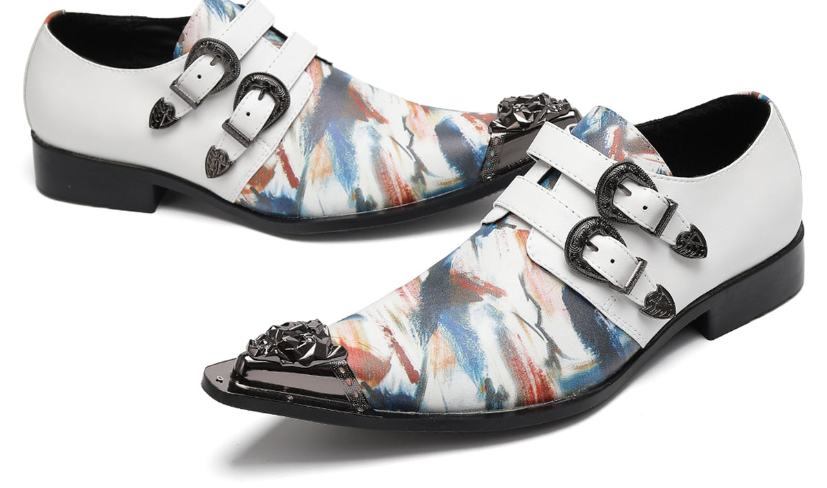 Mens Double Monk Strap Artistic Print Party Dress Western Loafers