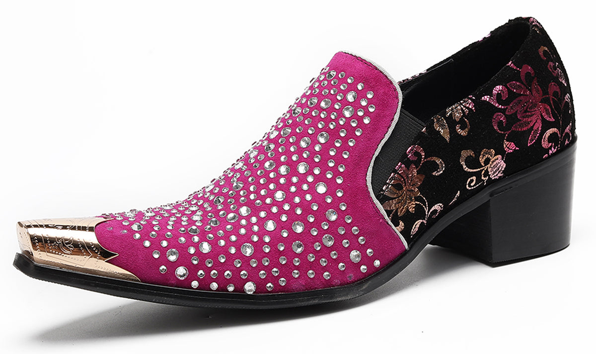 Mens Rhinestone Glitter Vamp Chunky Heel Western Loafers
