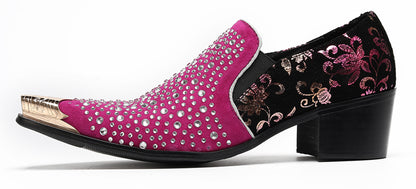 Mens Rhinestone Glitter Vamp Chunky Heel Western Loafers