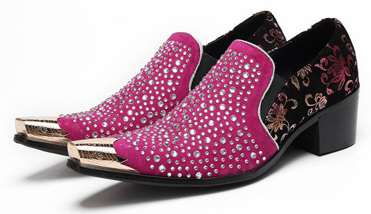 Mens Rhinestone Glitter Vamp Chunky Heel Western Loafers