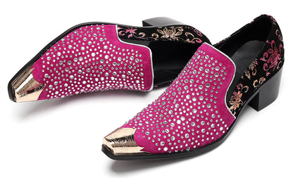 Mens Rhinestone Glitter Vamp Chunky Heel Western Loafers