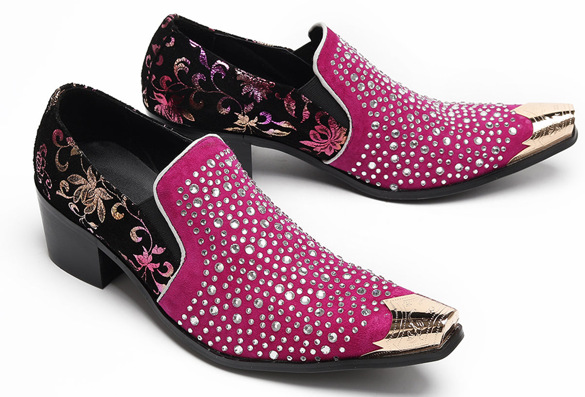 Mens Rhinestone Glitter Vamp Chunky Heel Western Loafers