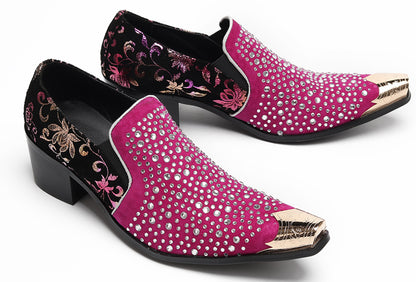 Mens Rhinestone Glitter Vamp Chunky Heel Western Loafers