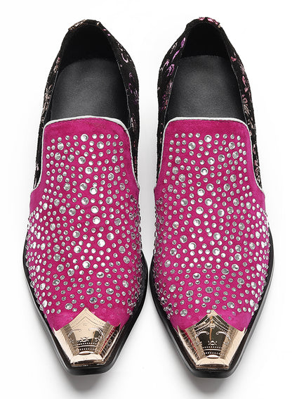 Mens Rhinestone Glitter Vamp Chunky Heel Western Loafers