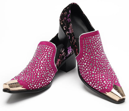 Mens Rhinestone Glitter Vamp Chunky Heel Western Loafers