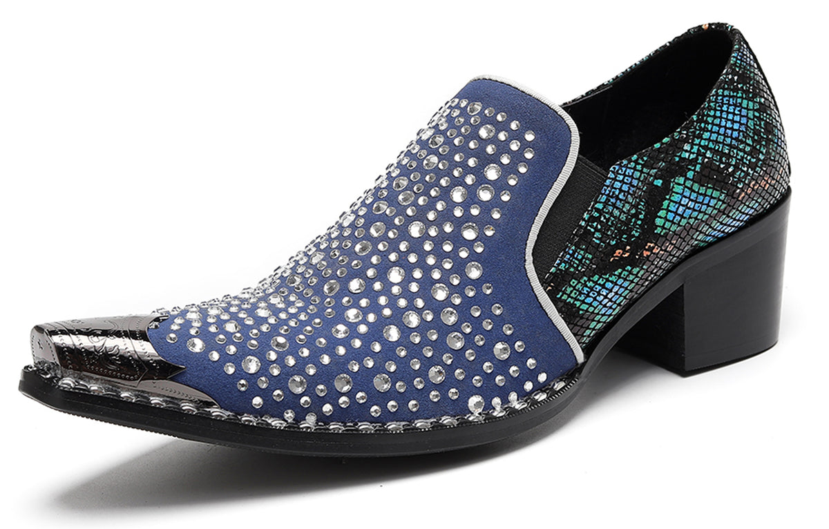 Mens Rhinestone Glitter Vamp Chunky Heel Western Loafers
