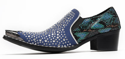 Mens Rhinestone Glitter Vamp Chunky Heel Western Loafers