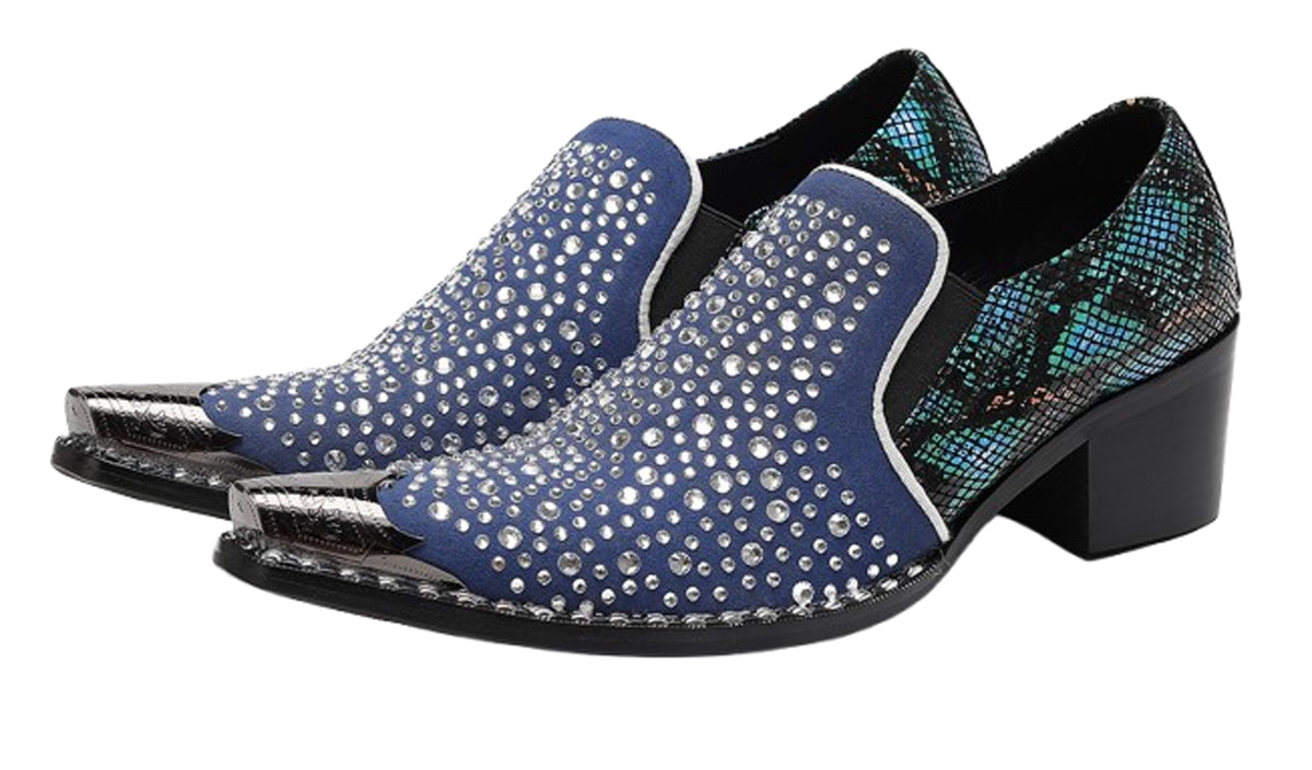 Mens Rhinestone Glitter Vamp Chunky Heel Western Loafers
