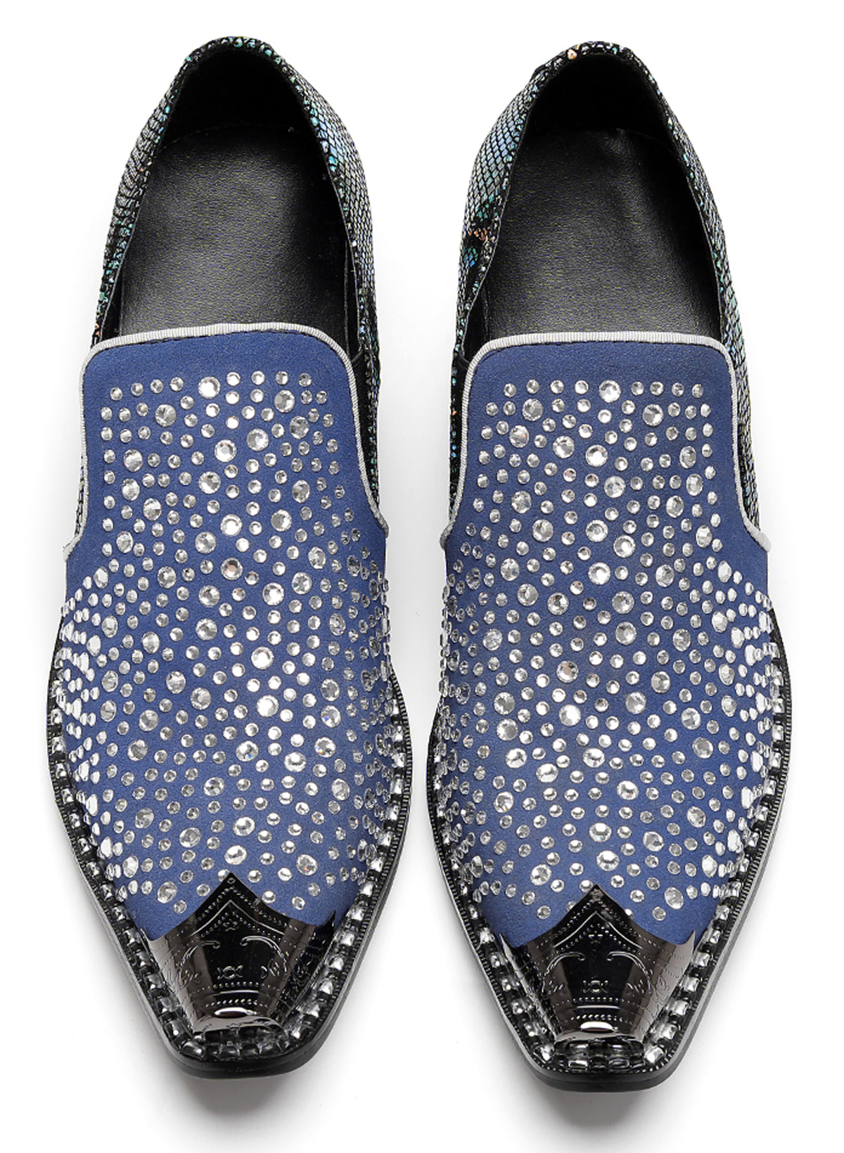 Mens Rhinestone Glitter Vamp Chunky Heel Western Loafers