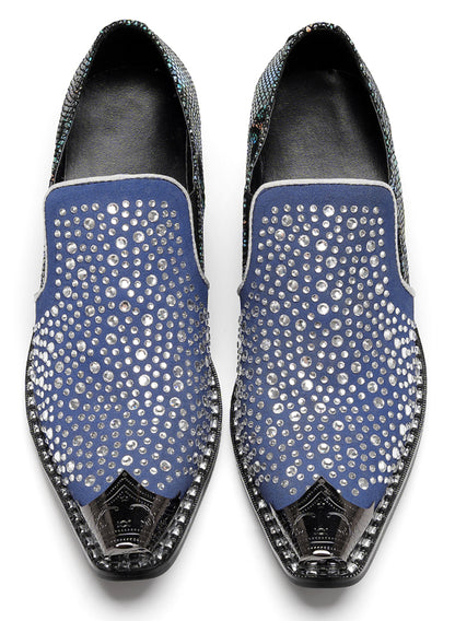 Mens Rhinestone Glitter Vamp Chunky Heel Western Loafers