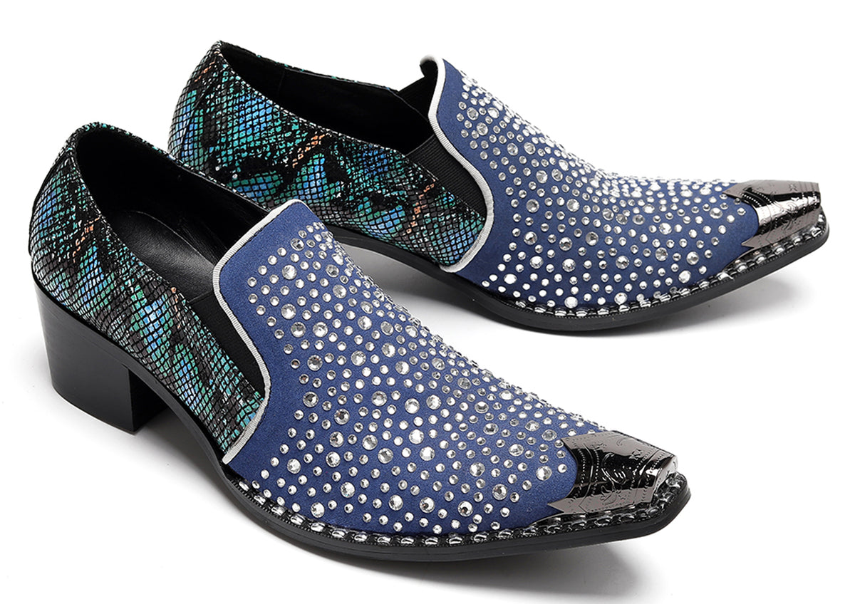 Mens Rhinestone Glitter Vamp Chunky Heel Western Loafers