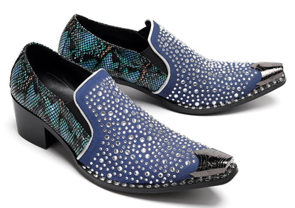 Mens Rhinestone Glitter Vamp Chunky Heel Western Loafers