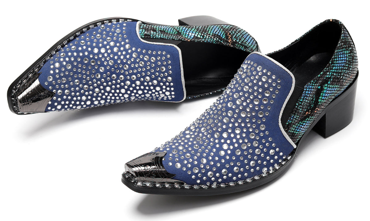 Mens Rhinestone Glitter Vamp Chunky Heel Western Loafers