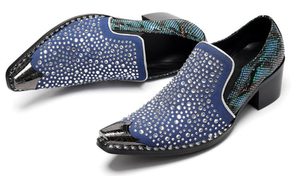 Mens Rhinestone Glitter Vamp Chunky Heel Western Loafers