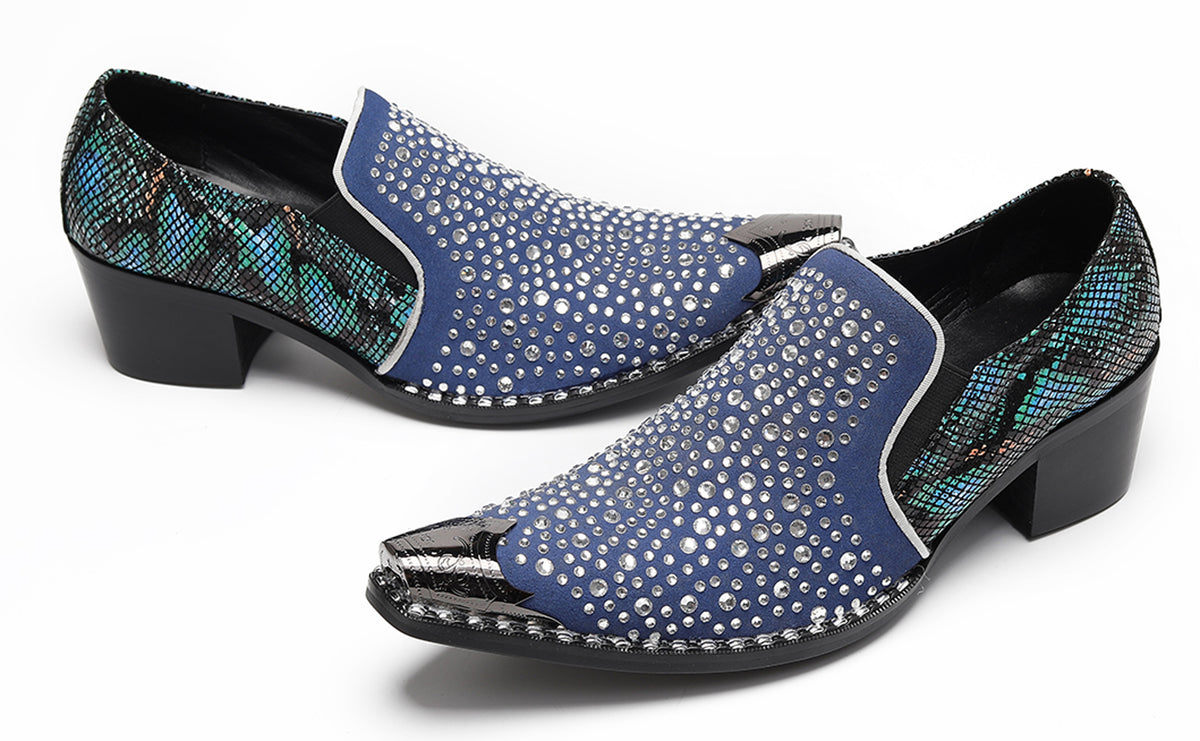 Mens Rhinestone Glitter Vamp Chunky Heel Western Loafers