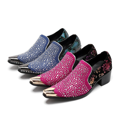 Mens Rhinestone Glitter Vamp Chunky Heel Western Loafers