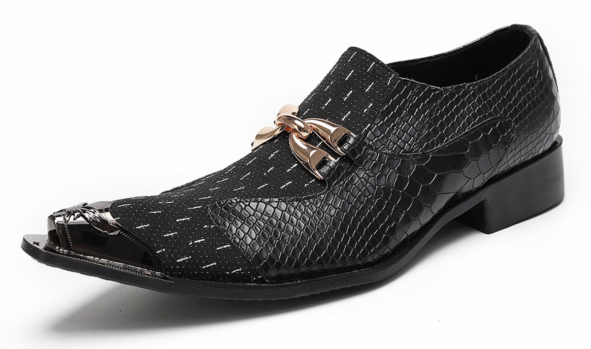 Mens Gold Chain Mixed-Texture Crocodile Embossed Western Loafers