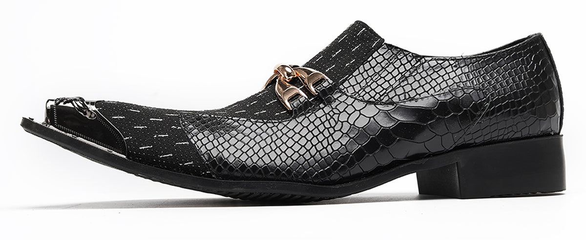 Mens Gold Chain Mixed-Texture Crocodile Embossed Western Loafers