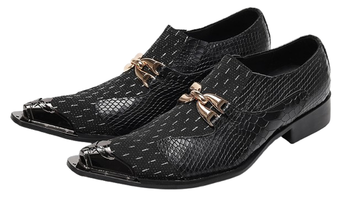 Mens Gold Chain Mixed-Texture Crocodile Embossed Western Loafers
