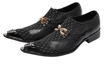 Mens Gold Chain Mixed-Texture Crocodile Embossed Western Loafers